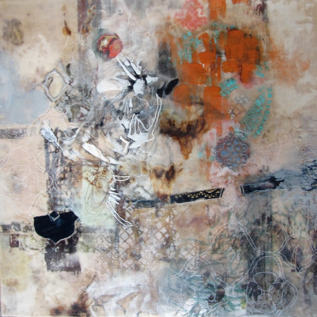 "Digging for the Seedling" Encaustic, horse hair and collage on composted and rusted muslin on panel, 20" x 20", 2013
